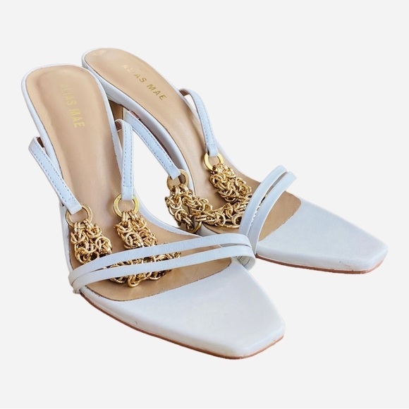 NEW Alias Mae Isha Ivory Stiletto Heel Sandal Gold Chain Ankle Strap Leather 10 - Picture 2 of 8